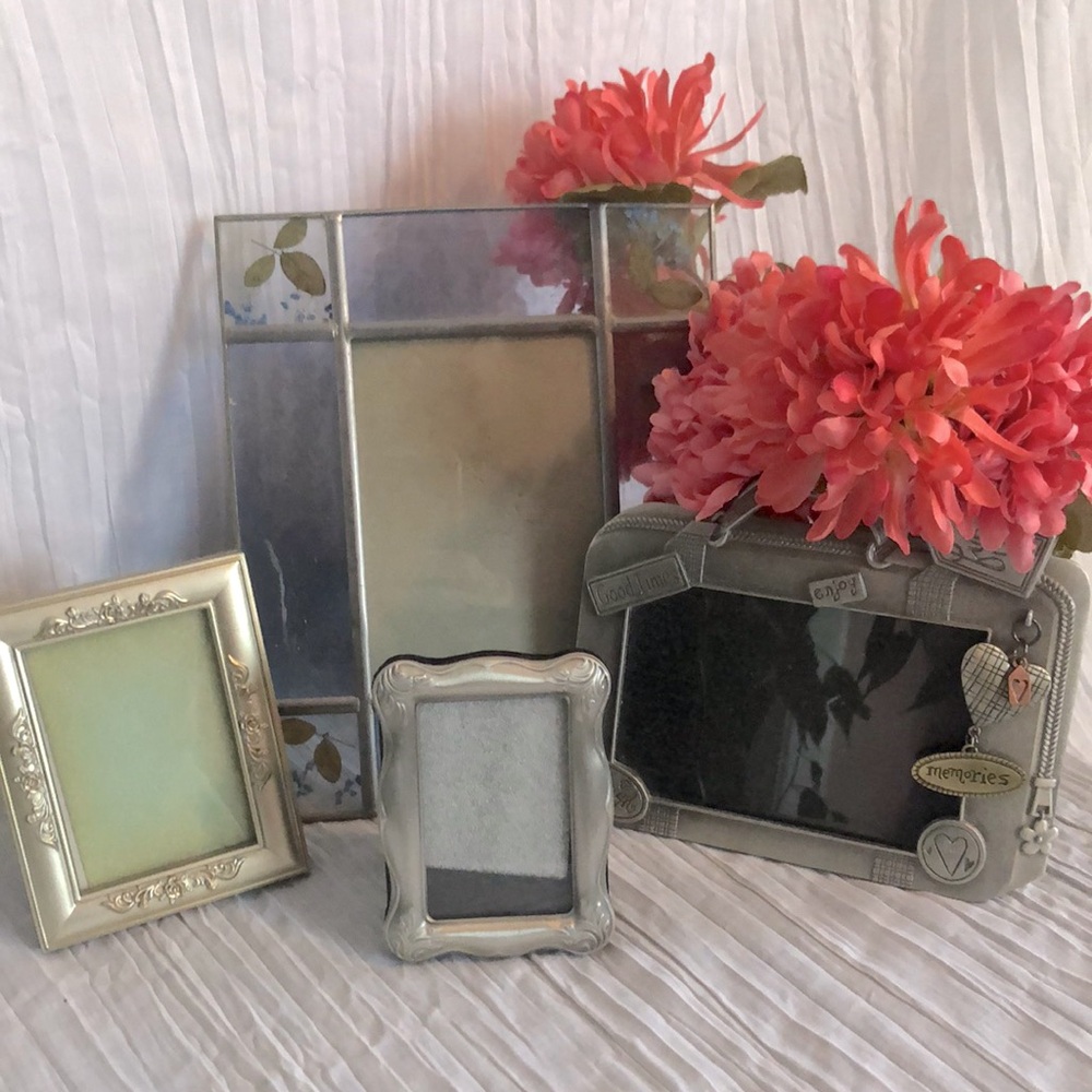 Lot of 4 silver picture frames filigree design pressed flowers vacation themed